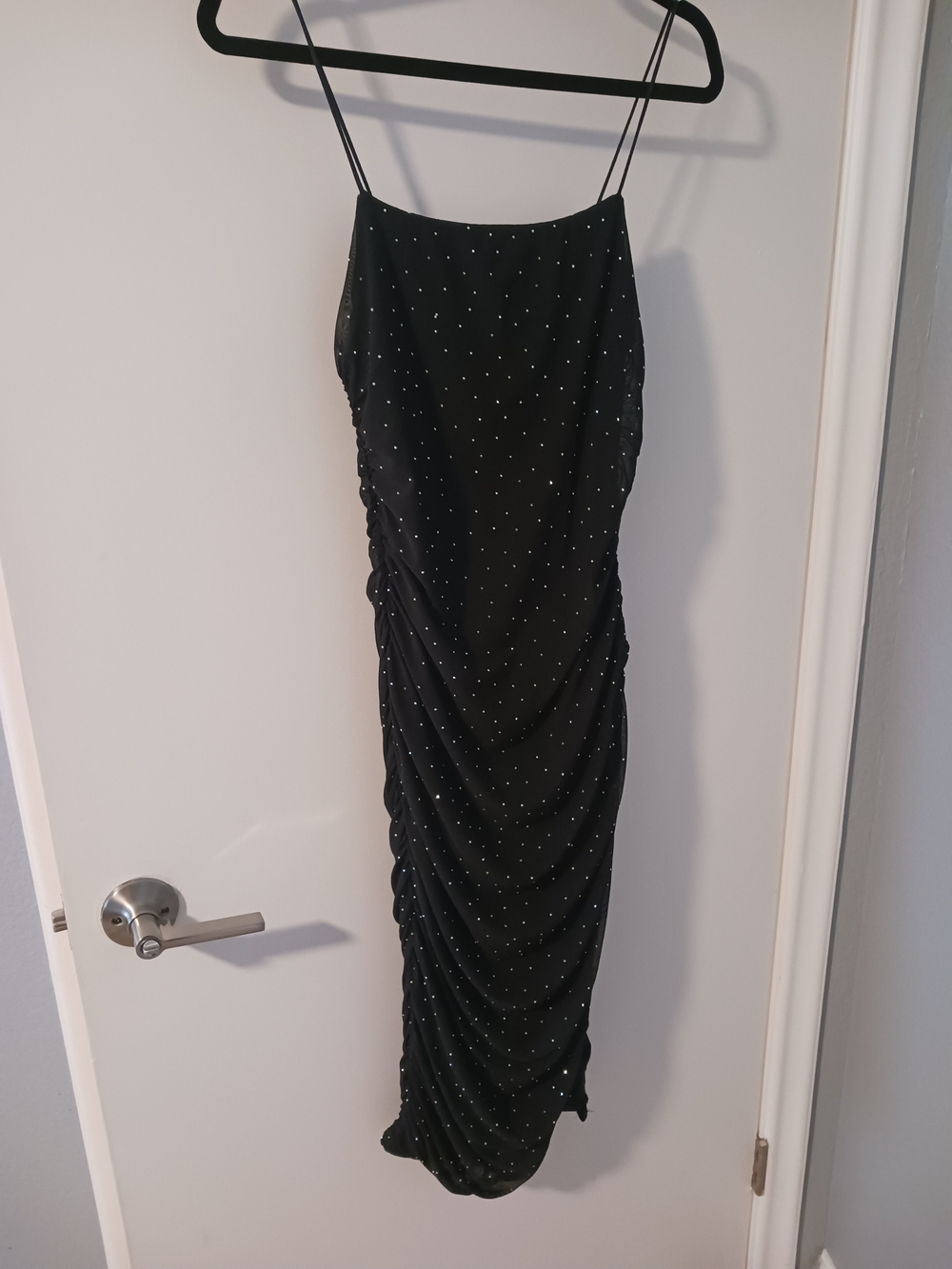 Black Spaghetti-Strap Midi Dress with Sparkle Ruched Sides